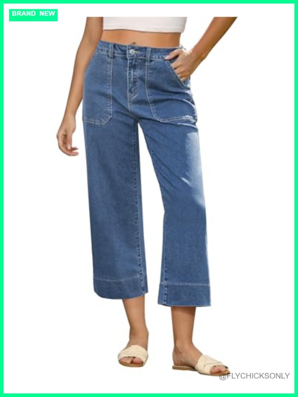 High Waisted Wide Leg Capri Jeans Stretchy Cropped Denim Pants with Pockets